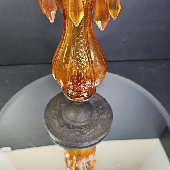 Vintage Candlestick Holder With Amber Glass And Plastic Beads 12 Inches Tall - Picture 5 of 8